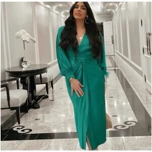 ZARA FEATHERED SATIN EFFECT MIDI DRESS